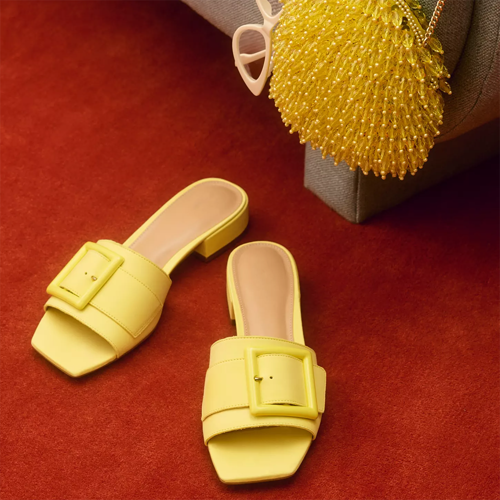 Yellow Square Toe Chunky Heel Buckled Wide Band Mules
