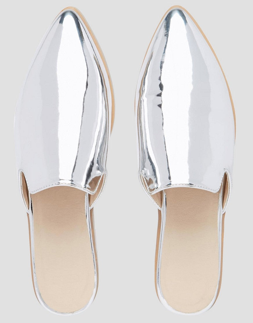 Stylish Metallic Silver Loafer Mules Pointed Toe Flats for Women