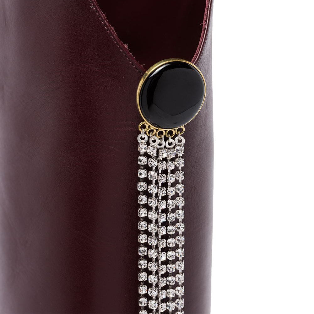 Maroon Rhinestone Chains Block Heel Wide Calf Knee High Boots