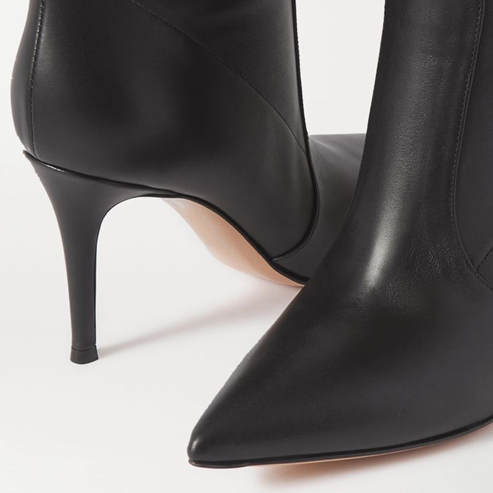 Black Vegan Leather Pointed Toe Stiletto Heel Pull-On Knee High Boots