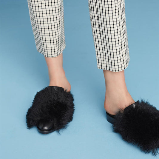 Black Round Toe Faux Fur Flat Mule Loafers for Women