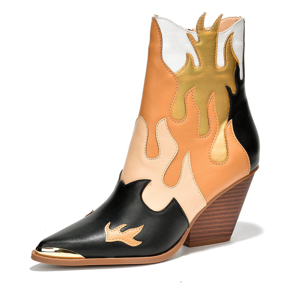 Black Metal Pointed Toe Flame Booties Stacked Heel Ankle Boots