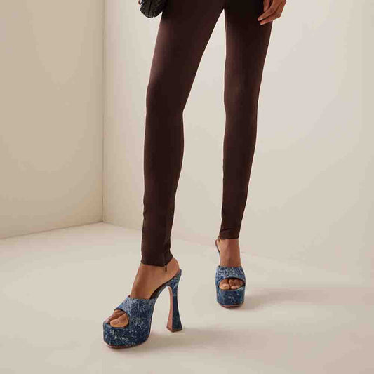 Women's Fashion Open Toe Flared Heels Blue Denim Platform Mules