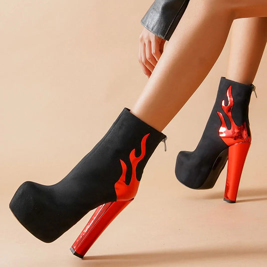 Black & Red Round Toe Ankle Boots Chunky Heel Halloween Shoes