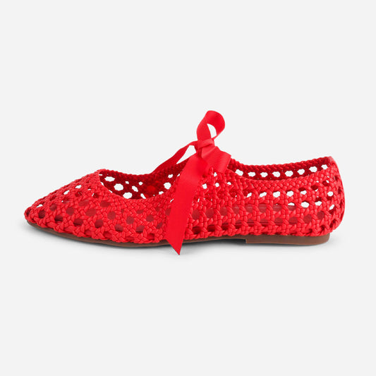 Red Vegan Leather Closed-Toe Woven Tie-Up Flat Shoes for Women