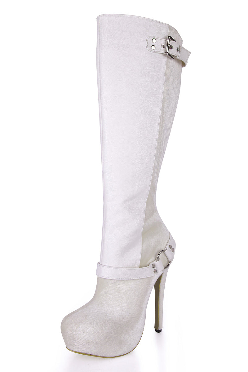 Women's White Buckle Platform Knee High Boots with Stiletto Heel