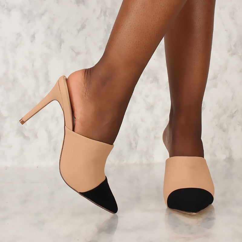 Women's Black and Nude Pointed Toe Stiletto Heeled Mules