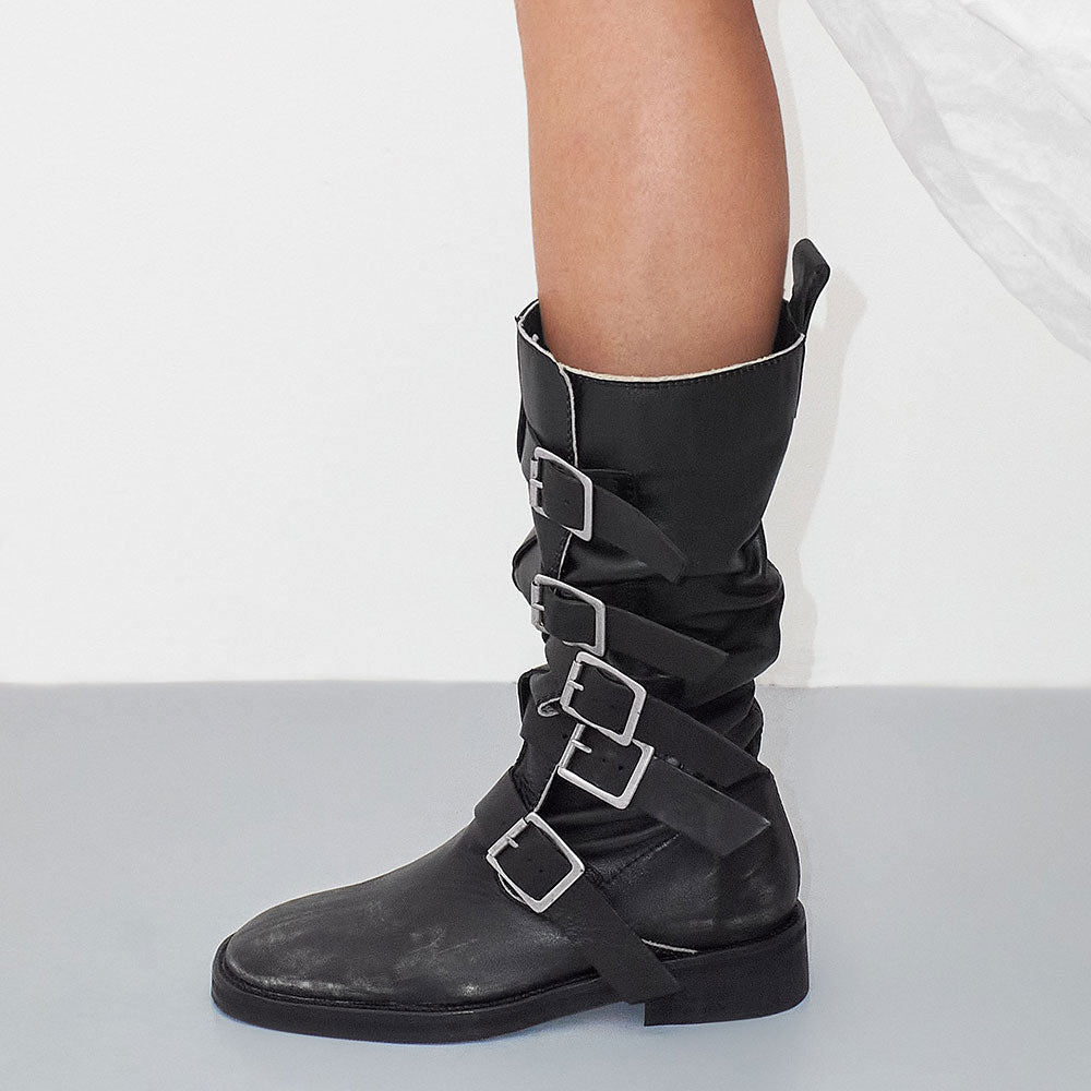 Black Square Toe Multi Buckle Straps Flat Mid Calf Boots with Zipper