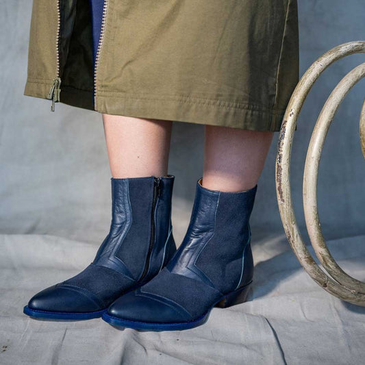 Western Patchwork Almond Toe Chunky Heeled Ankle Boots in Navy