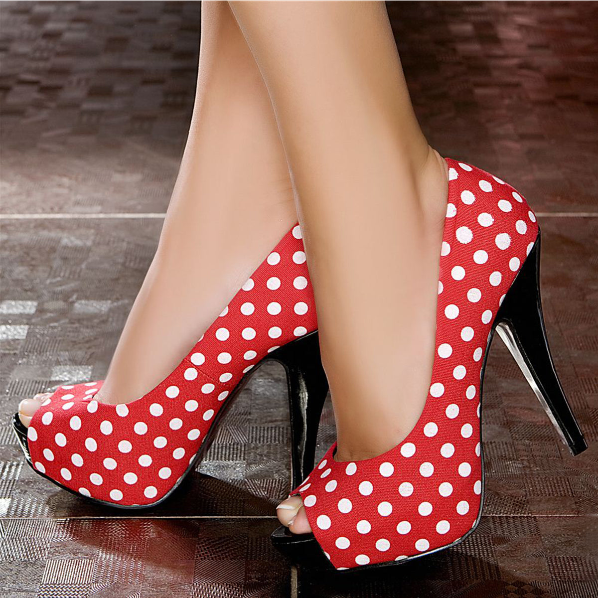 Women's Red & White Polka Dot Peep Toe Heels Vintage Platform Pumps