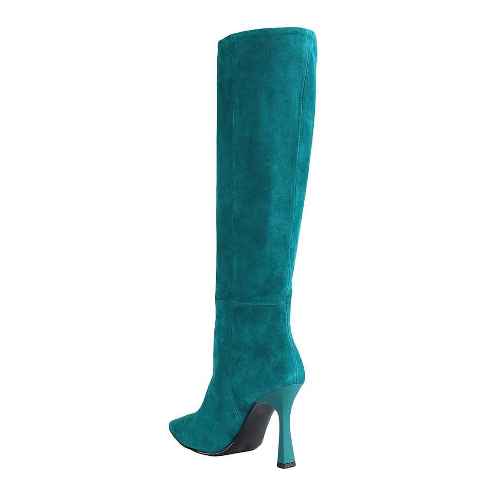 FSJ Teal Vegan Suede Pointed Toe Flared Heel Knee High Boots