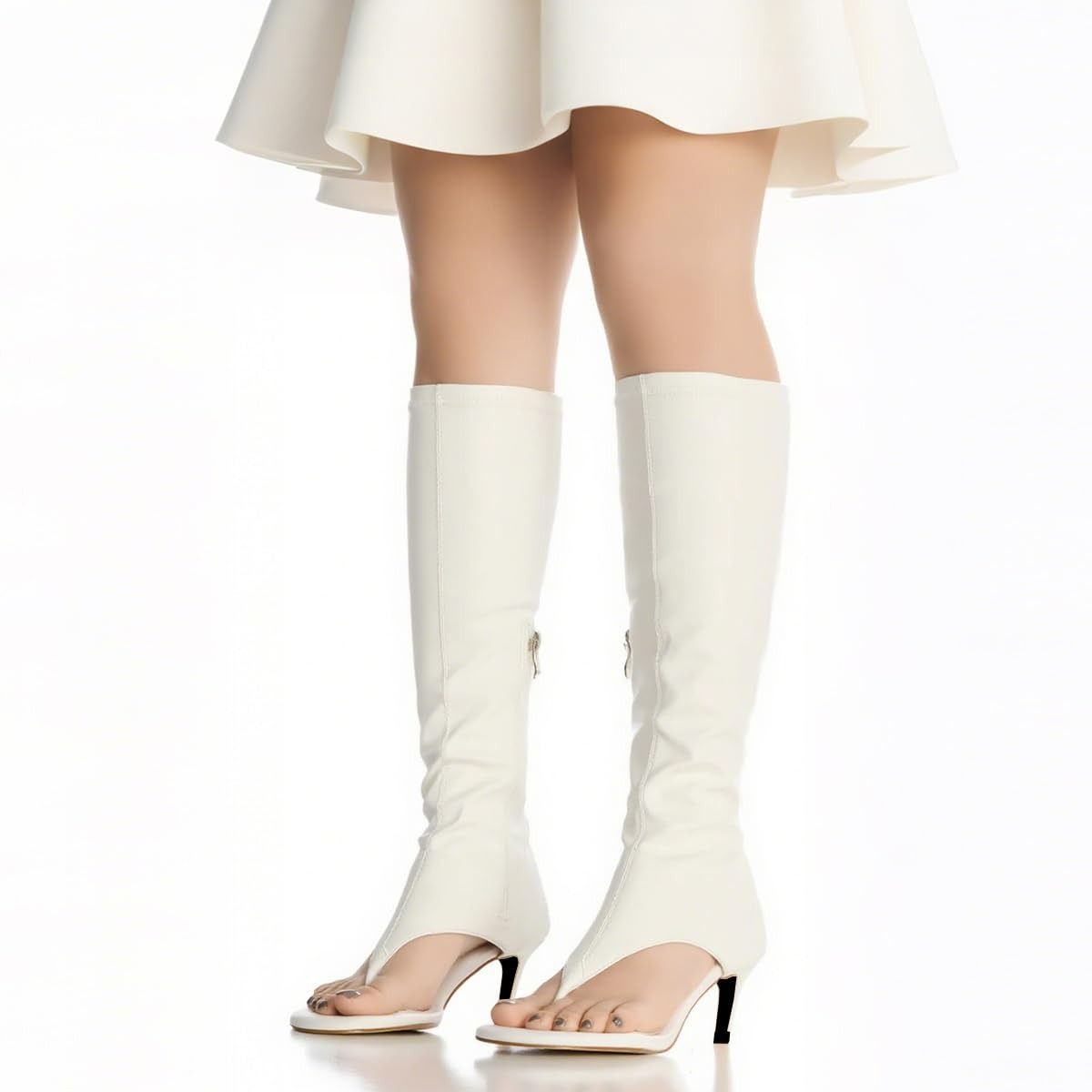 White Open Toe Kitten Heel Flip Flop Knee High Boots for Women