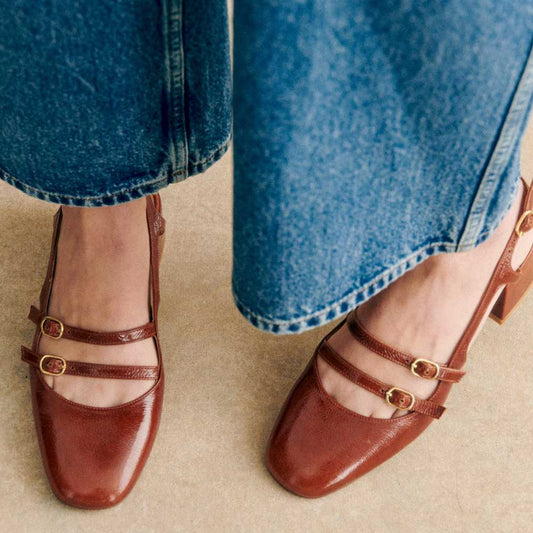 Vegan Leather Square Toe Chunky Heel Buckle Loafers in Brown