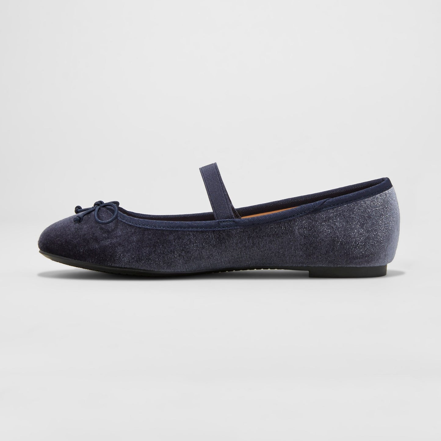 Navy Velvet Round-Toe Bowknot Ballet Flats with A Strap
