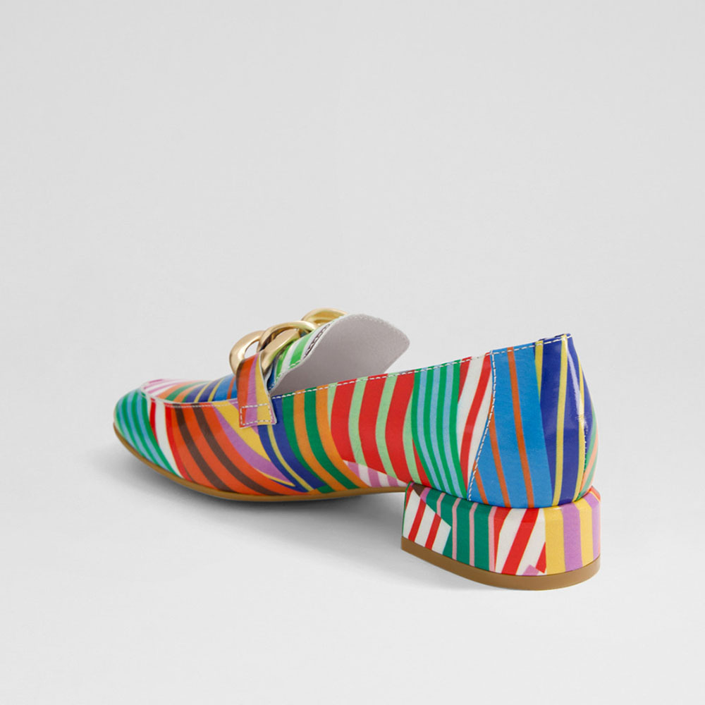 Multicolor Patent Leather Stripe Heeled Loafers with Chunky Chain