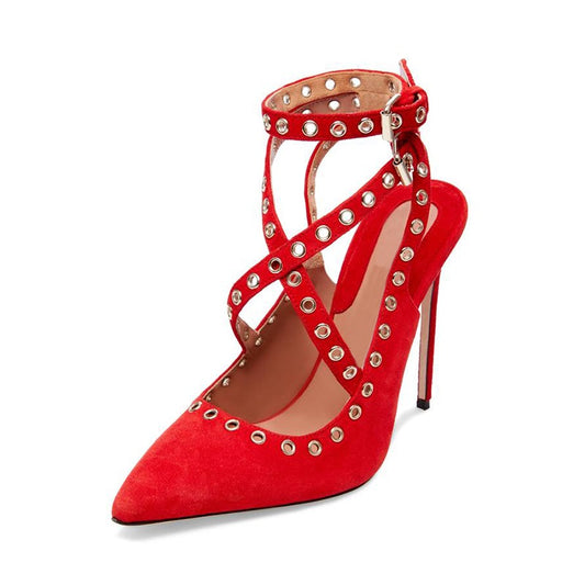 Women's Grommets Embellished Pointed Toe Pumps Heels in Red