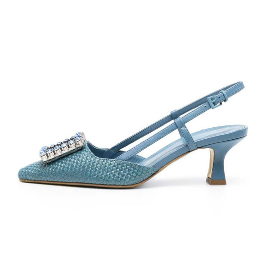 Blue Woven Pointed Toe Slingback Heels with Rhinestone Buckle