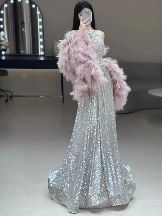 A Line High Neckline Silver Sequin Long Evening Dress Prom Dresses Birthday Outfits cg26198