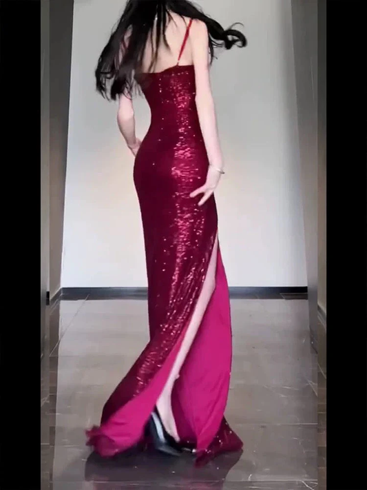 Sheath Spaghetti Straps Burgundy Sequin Long Evening Dress Prom Dresses Birthday Outfits cg26201