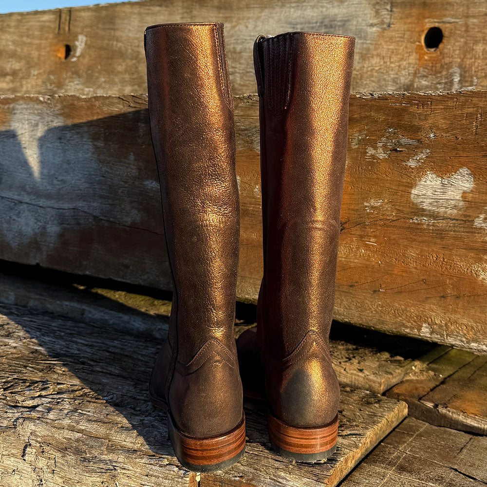 Gold Distressed Metallic Round Toe Chunky Heel Knee High Boots