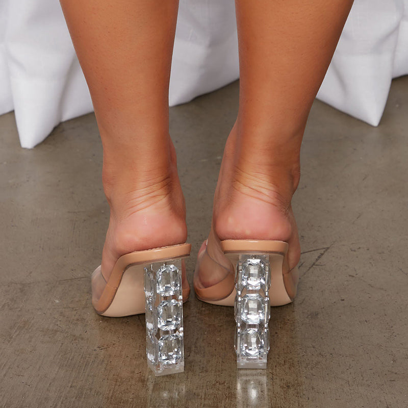 Women's Trendy Clear Heels Open Toe Slip On Mules Shoes in Nude