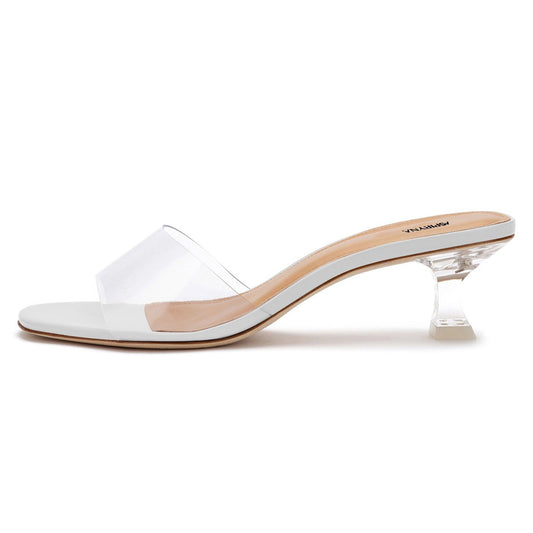 White Open Toe Slip-On Clear Mules Sandals with Spool Heel