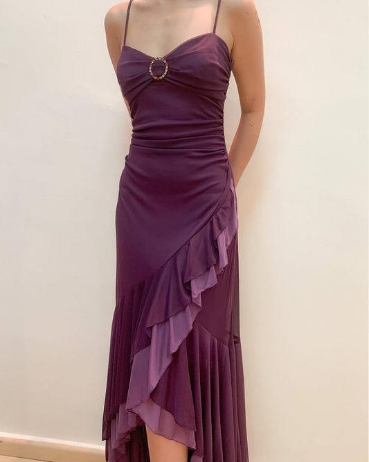 Dark Purple Spaghetti Straps Ruffled Split Prom Dress Long