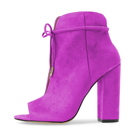 Women's Purple Ankle Boots Chunky Heel Lace-Up Peep Toe Booties