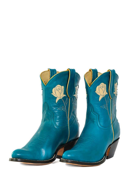 Blue Vegan Leather Round Toe Rose Inlay Block Heel Cowgirl Ankle Boots