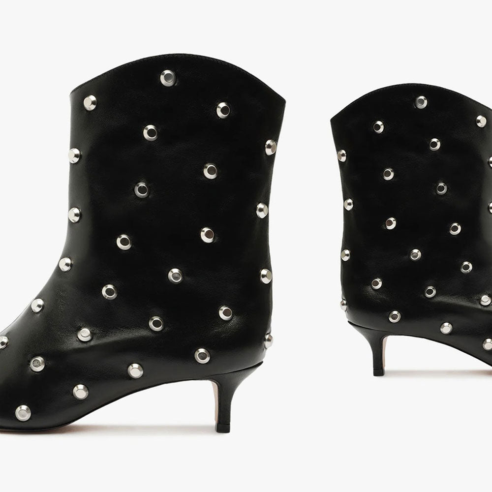Black Studs Embellished Kitten Heel Pointed Toe Ankle Boots