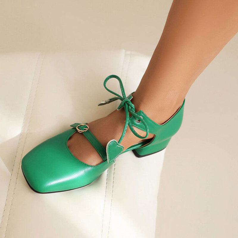 Green Women's Square Toe Block Heels Vintage Loafers Lace Up Pumps