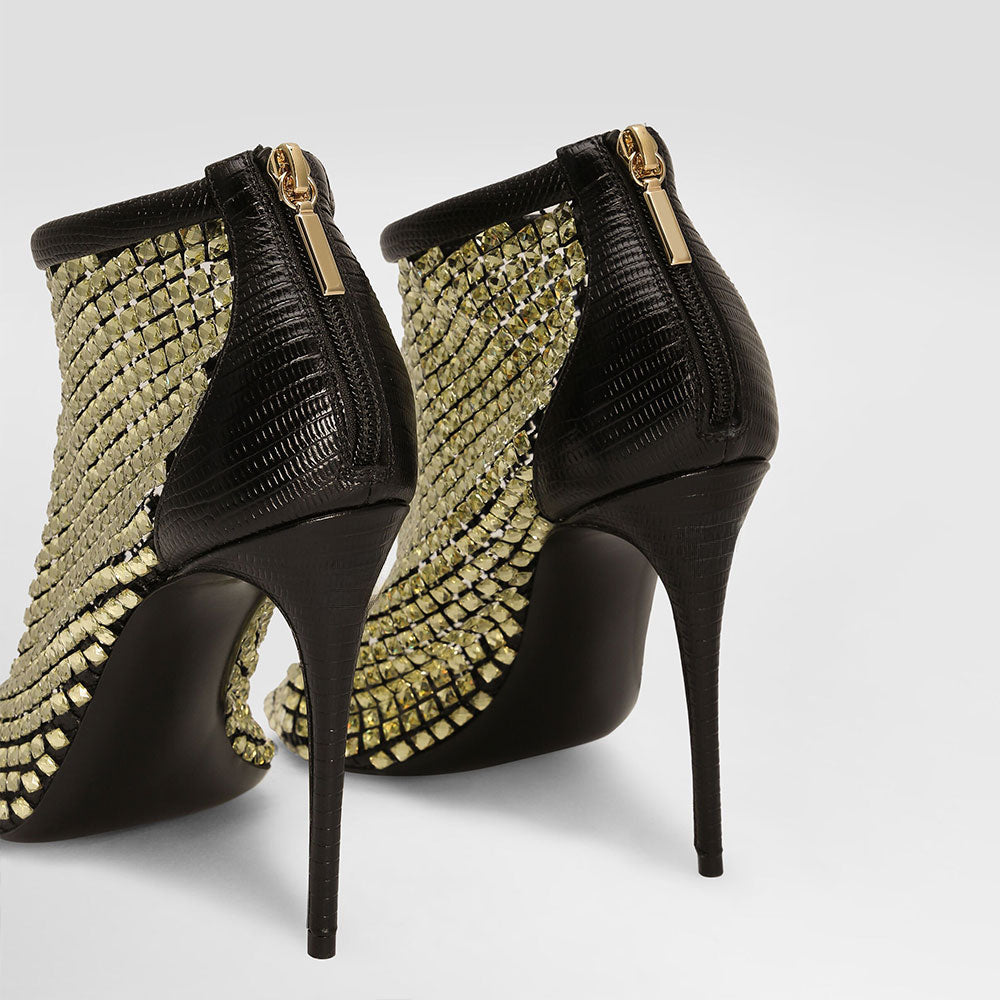 Black & Gold All-Over Rhinestone Mesh Stiletto Heel Ankle Boots