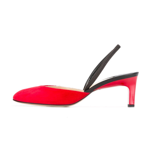 Women's Coral Red Almond Toe Chunky Heel Slingback Pumps