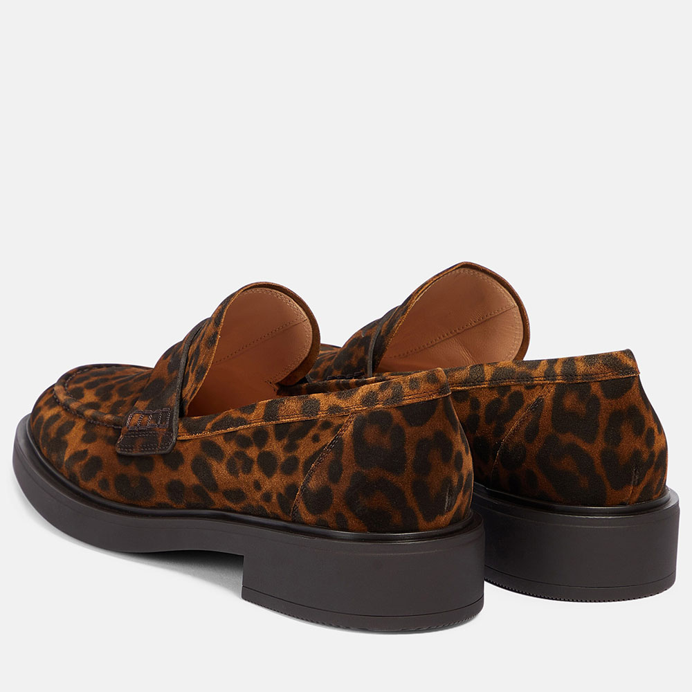 Brown Vegan Suede Leopard Print Flat Penny Loafers for Women