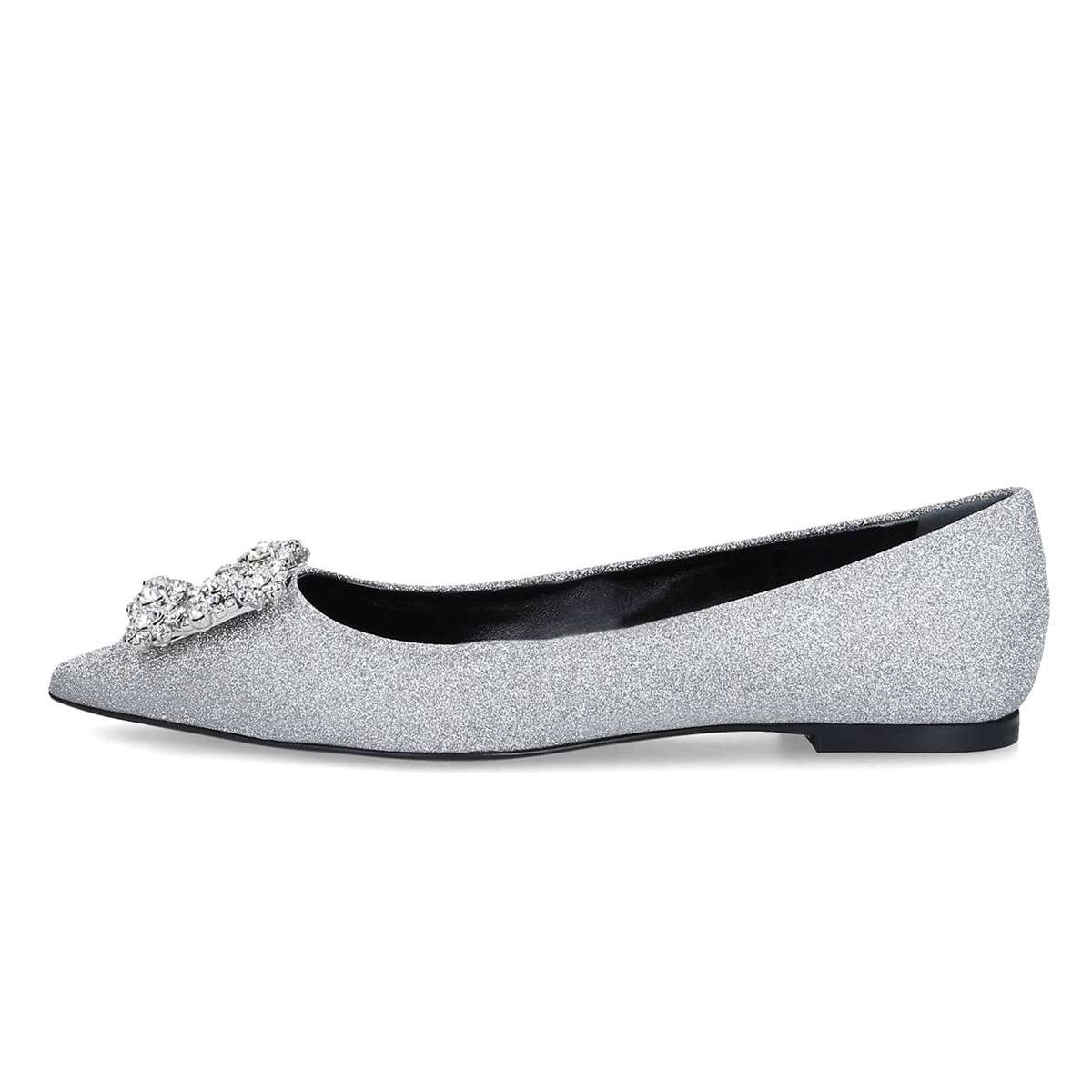 Silver Glitter Pointed Toe Comfortable Flats with Rhinestone Buckle