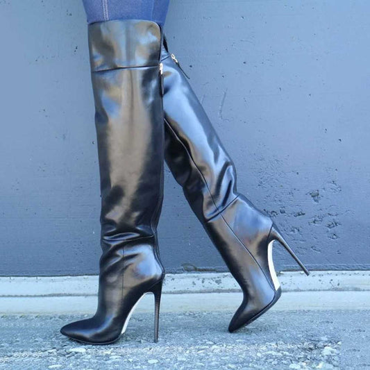 Black Pointed Toe Stiletto Heel Back Zip Up Knee High Boots for Women