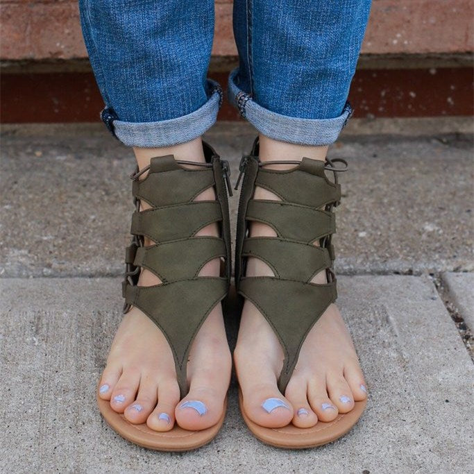 Women's Olive Open Toe Lace-Up Flats Gladiator Sandals