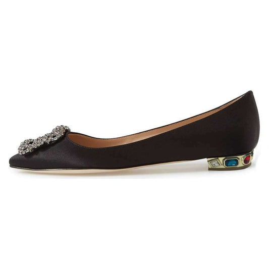 Black Satin Women's Pointed Toe Flats with Rhinestone Buckle