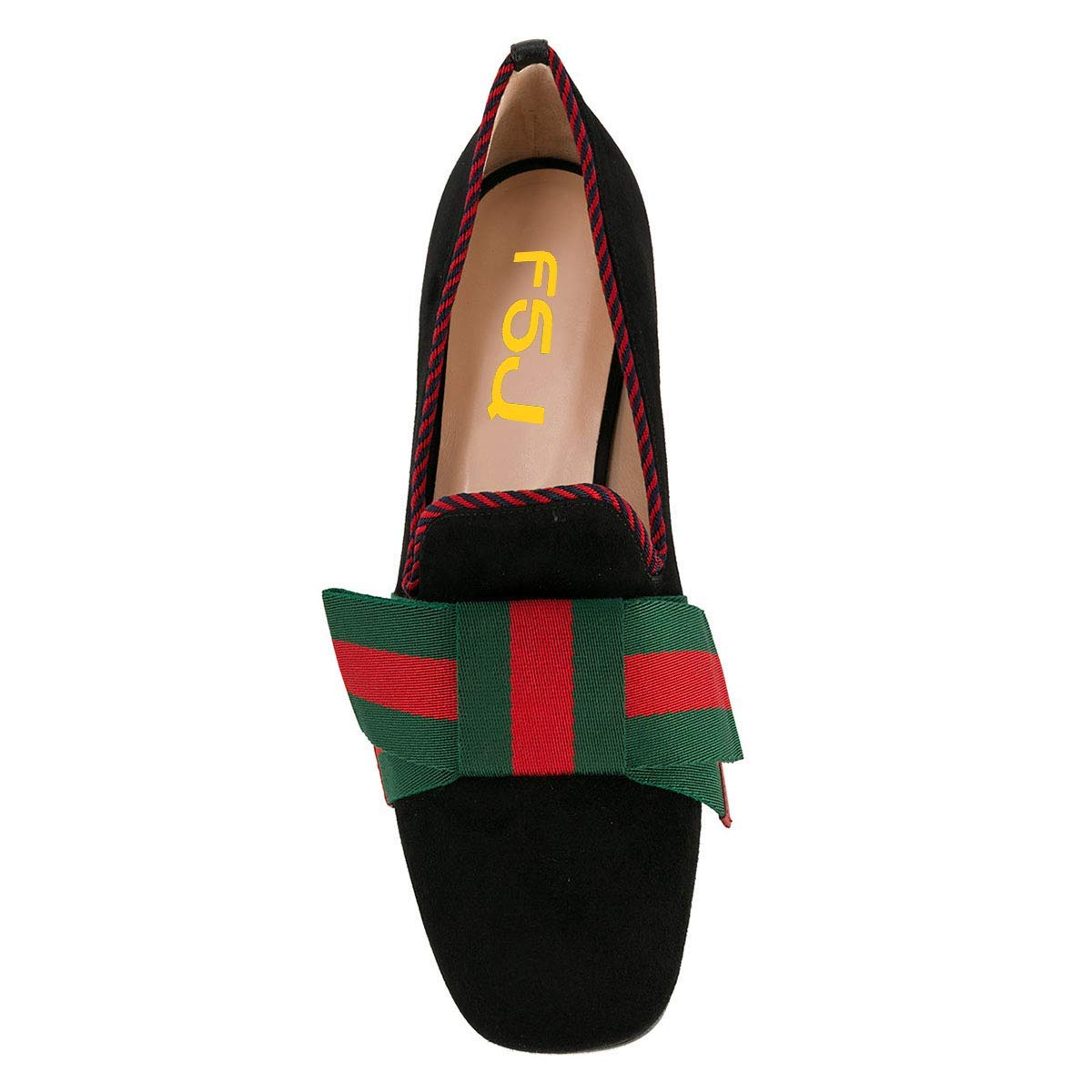 Black Square Toe Red & Green Striped Strap Flat Women's Loafers