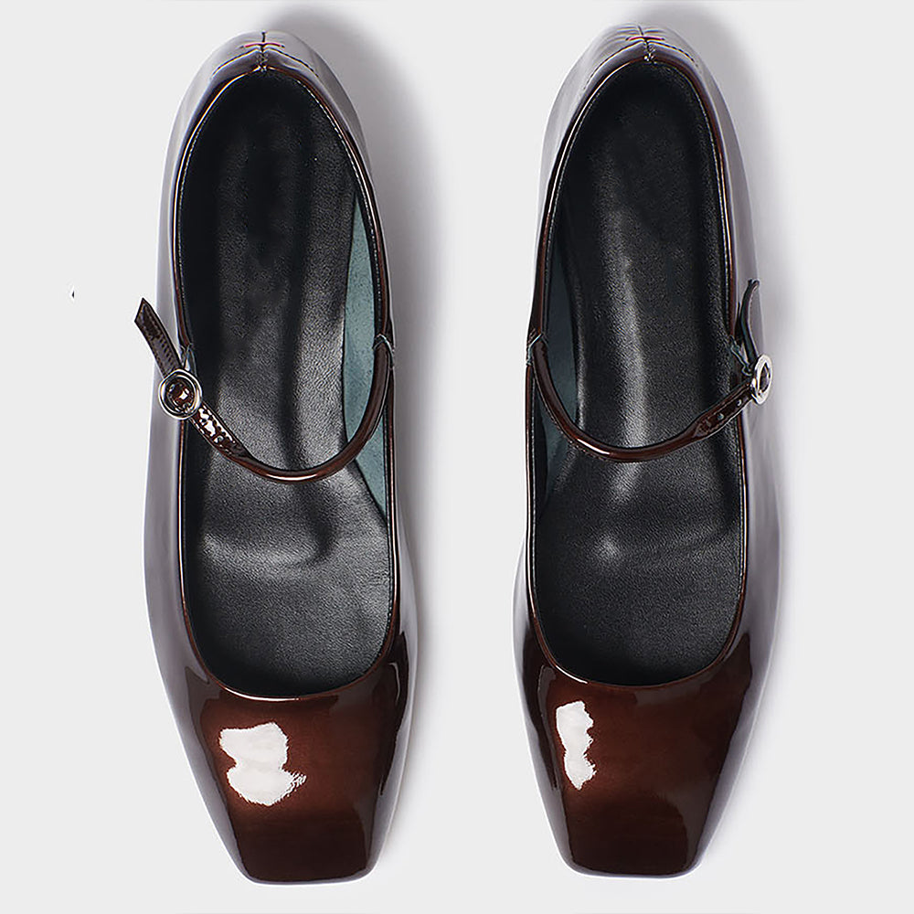 FSJ Brown Patent Leather Square Toe Mary Jane Flats