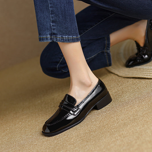 Black Patent Leather Closed Toe Chunky Heel Formal Loafers