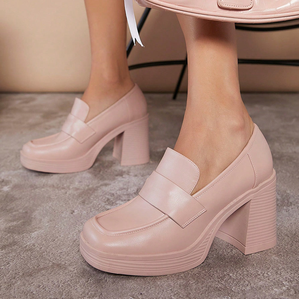 Beige Vegan Leather Square Toe 3'' Chunky Heel Platform Loafers