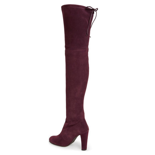 Women's Vegan Suede Burgundy Chunky Heel Round Toe Thigh-High Boots
