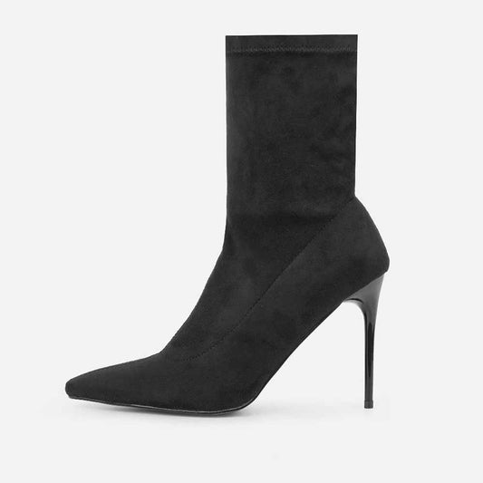 Black Faux Suede Pointed Toe Stiletto Heel Side-Zip Ankle Boots