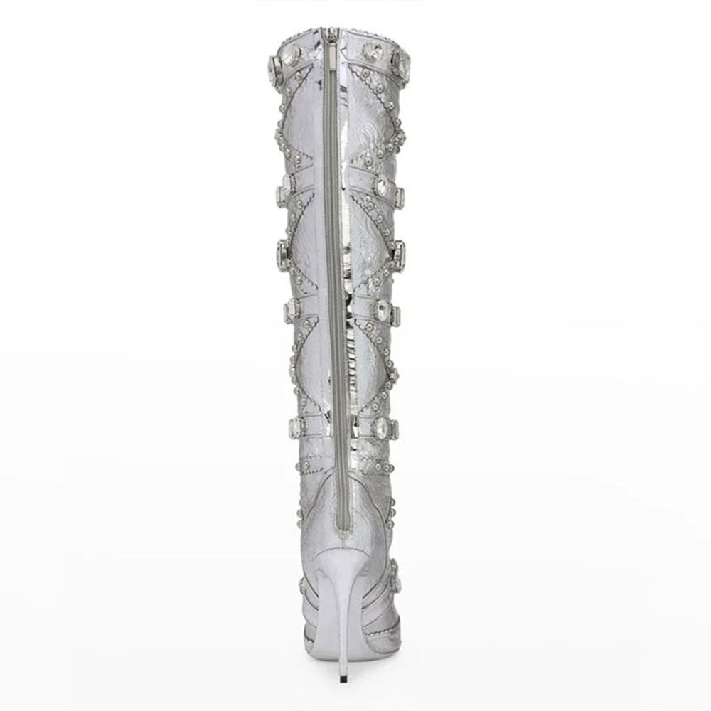 Silver Metallic Rhinestone Embellished Stiletto Heel Knee High Boots