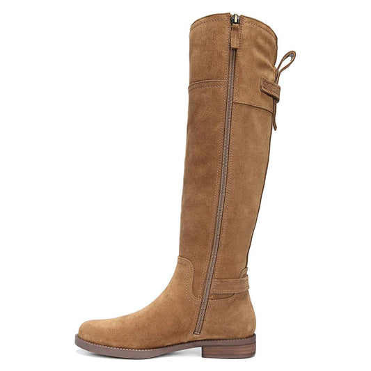 Tan Vegan Suede Round Toe Flat Knee High Boots with Zip