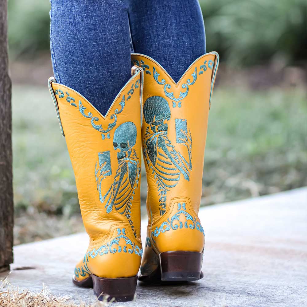 Yellow Chunky Heel Skeleton Embroidered Cowgirl Boots for Women