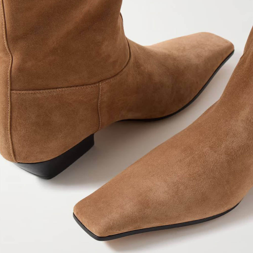 Khaki Vegan Suede Chunky Heel Knee High Boots with Square Toe