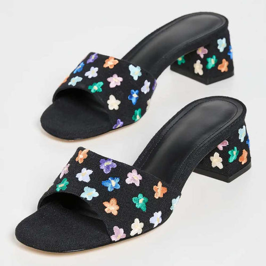 Black Canvas Multicolor Floral Embroidered Block Heel Mules Sandals