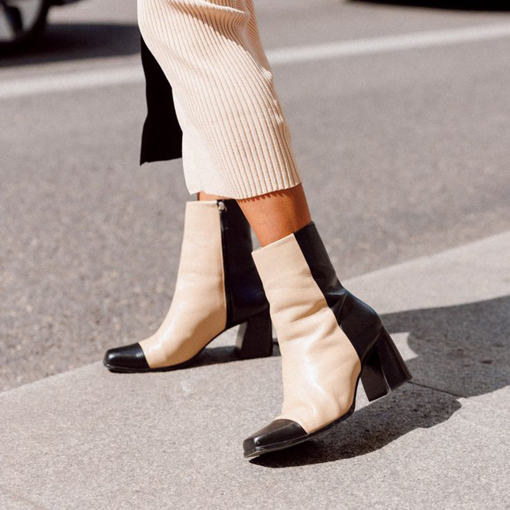 Beige & Black Closed Toe 3'' Chunky Heel Ankle Boots